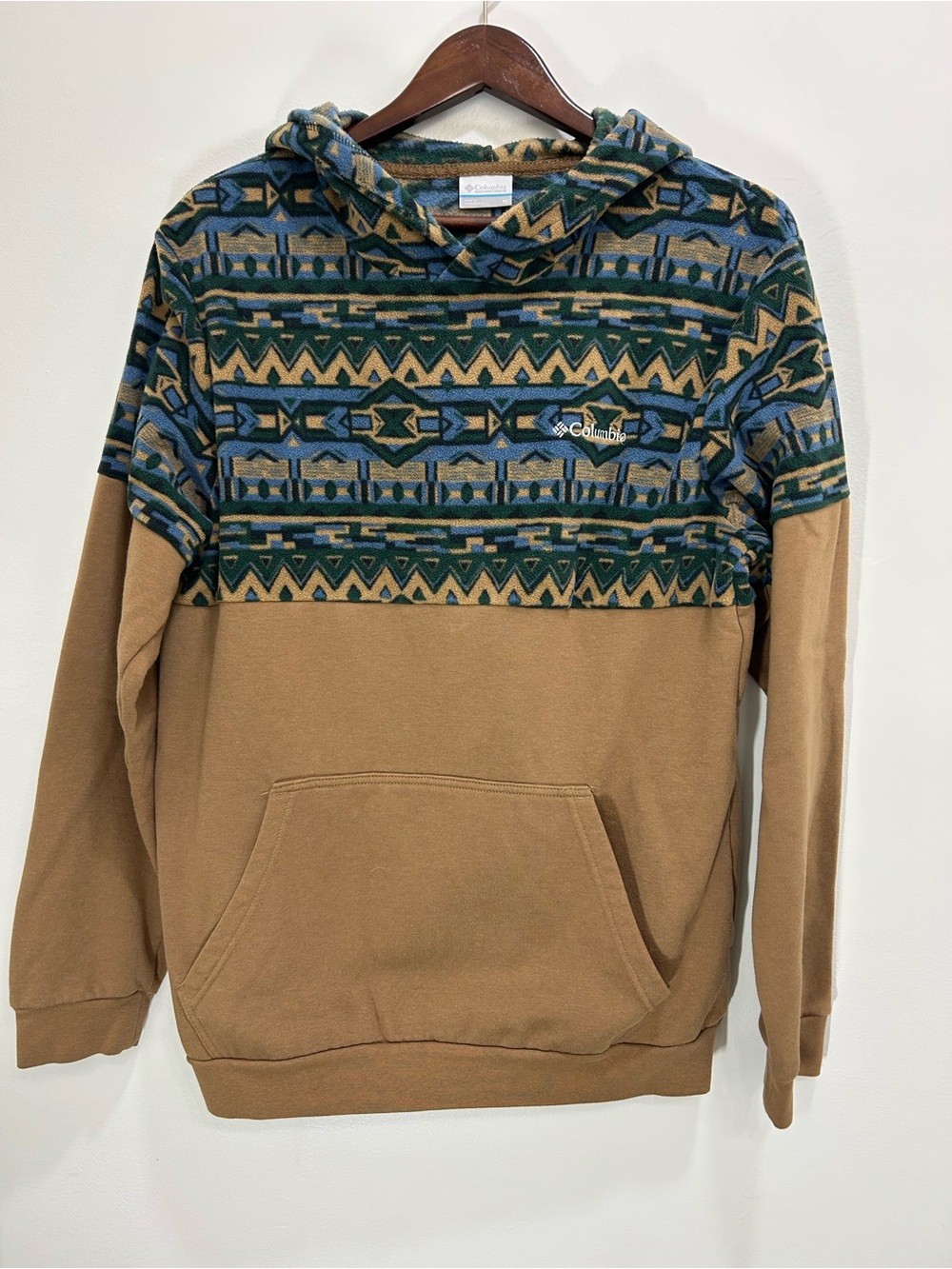 Columbia Men’s Tan Hoodie with Blue & Green Aztec Yoke